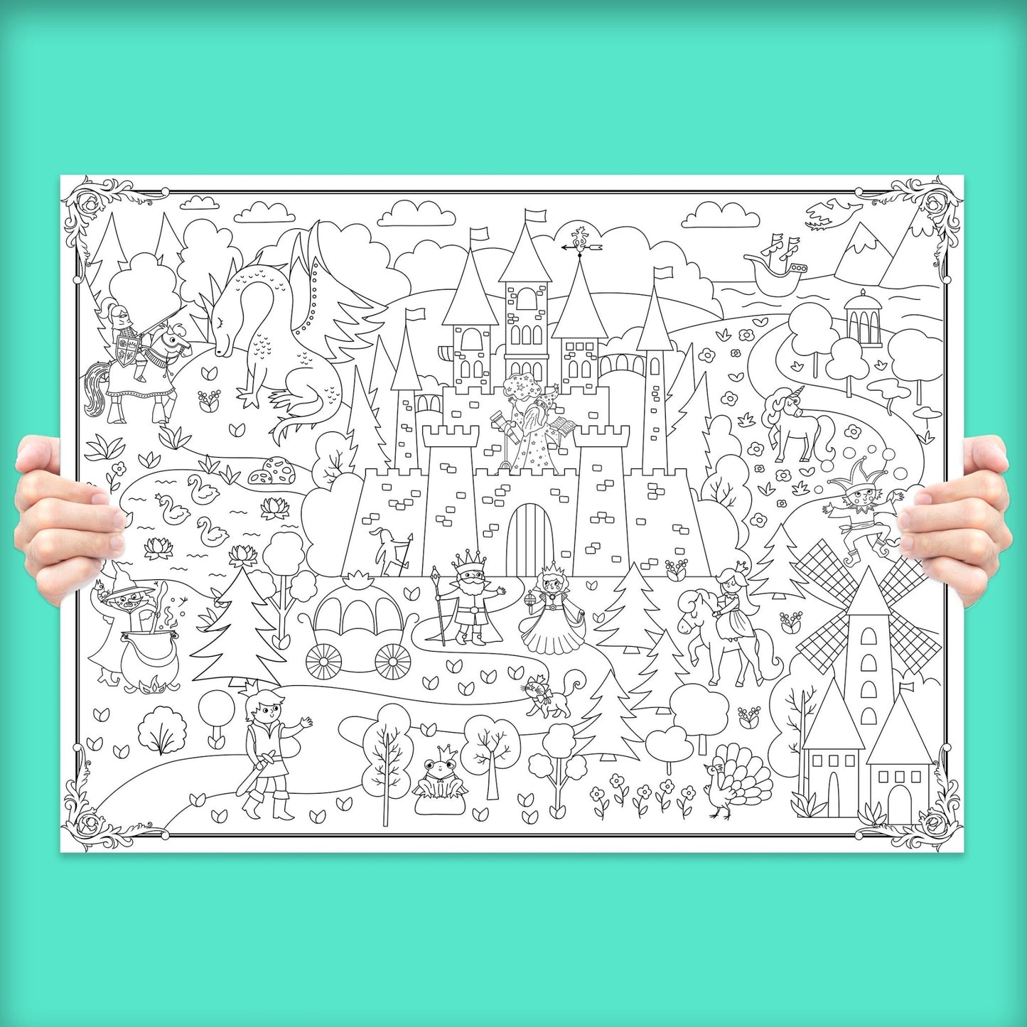 Enchanted Kingdom Coloring Poster with Castle & Unicorns | 24" x 18" - mimoody.com