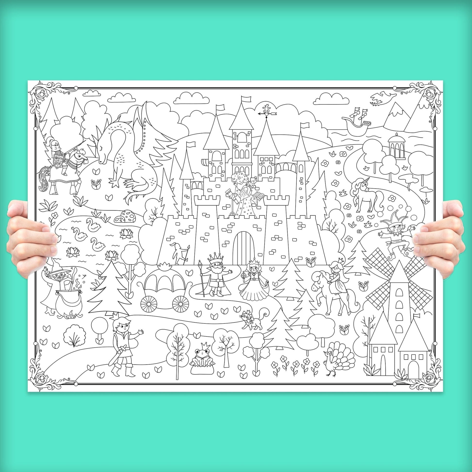 Enchanted Kingdom Coloring Poster with Castle & Unicorns | 24" x 18" - mimoody.com