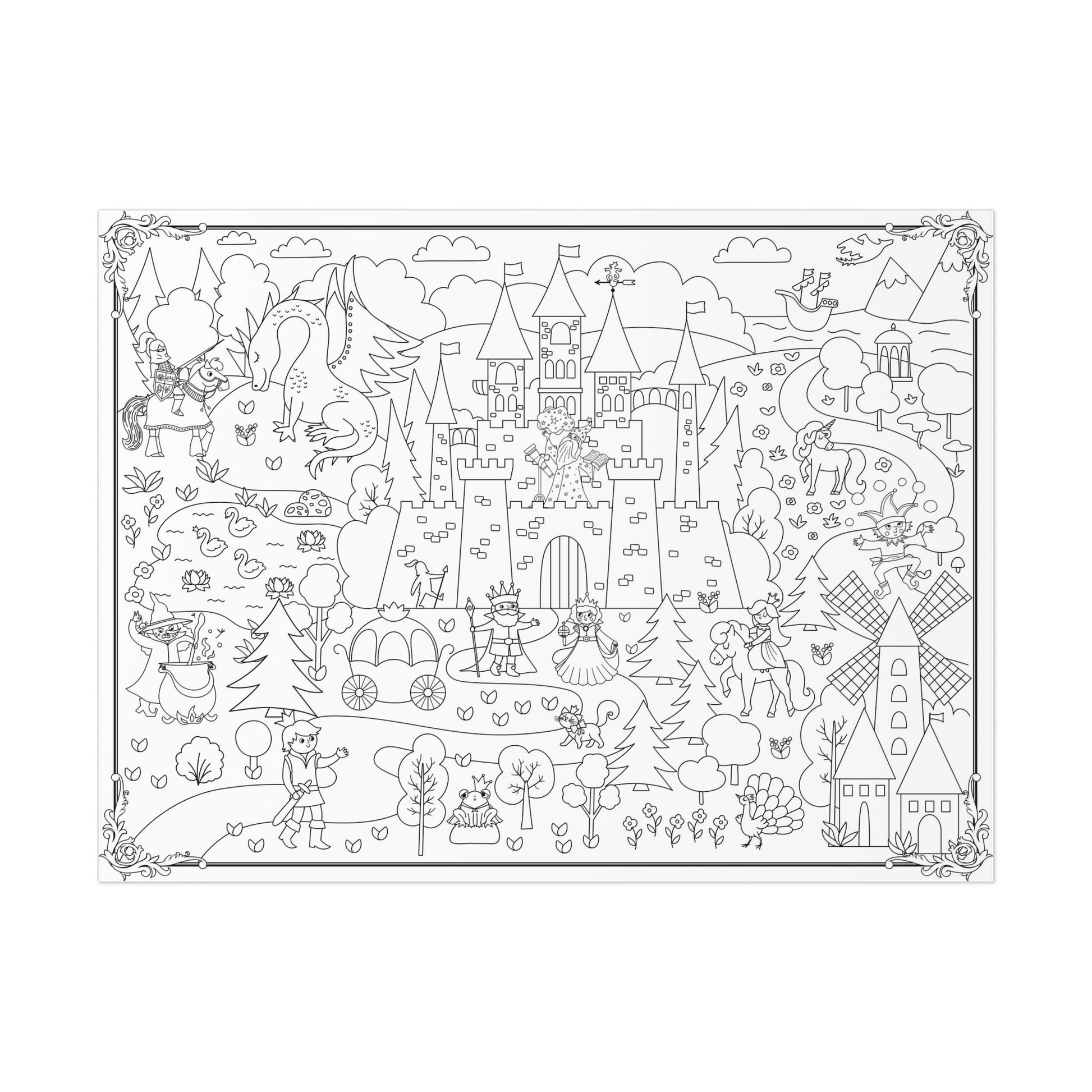 Enchanted Kingdom Coloring Poster with Castle & Unicorns | 24" x 18" - mimoody.com