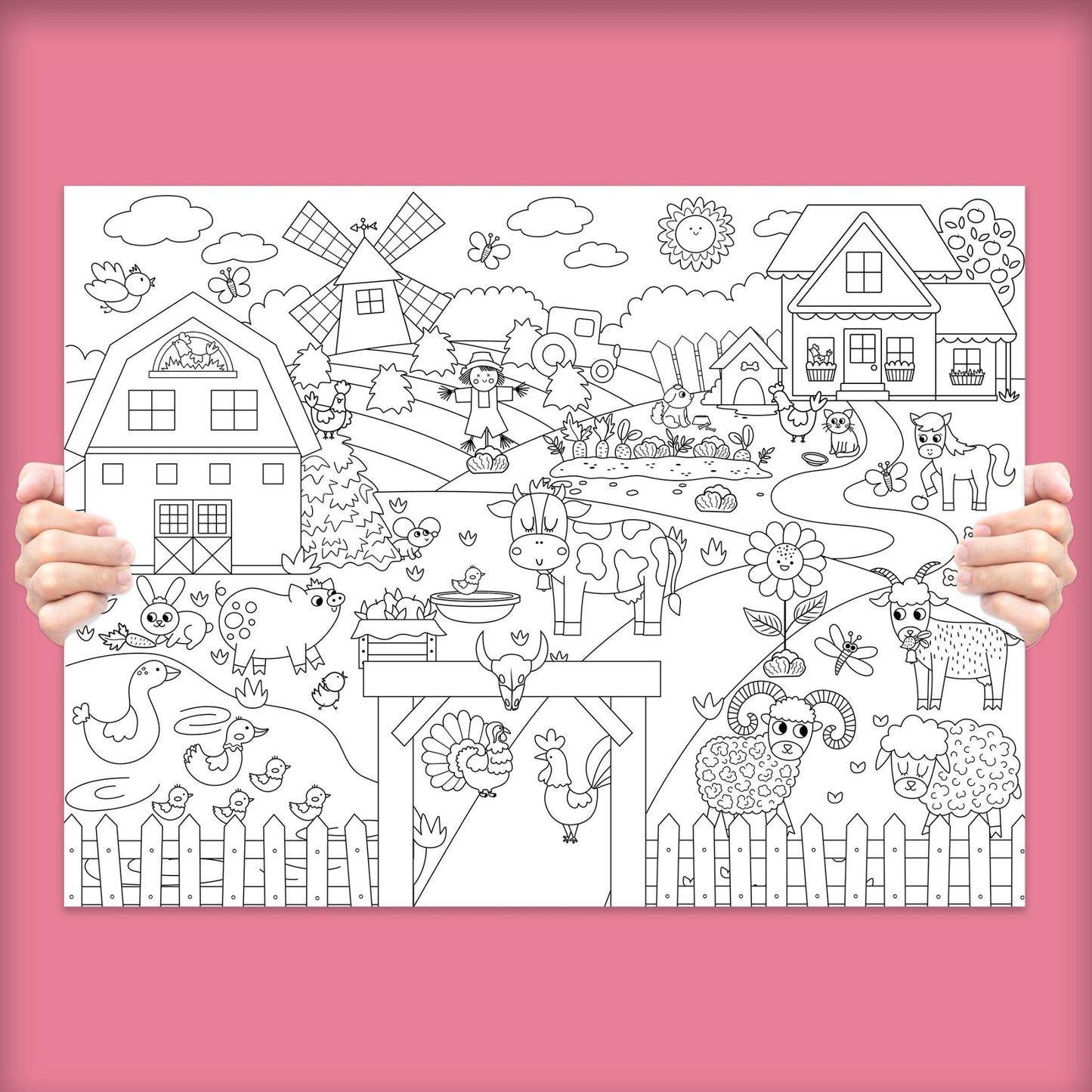 Happy Farm Animals Kids Coloring Poster | 24" x 18" - mimoody.com