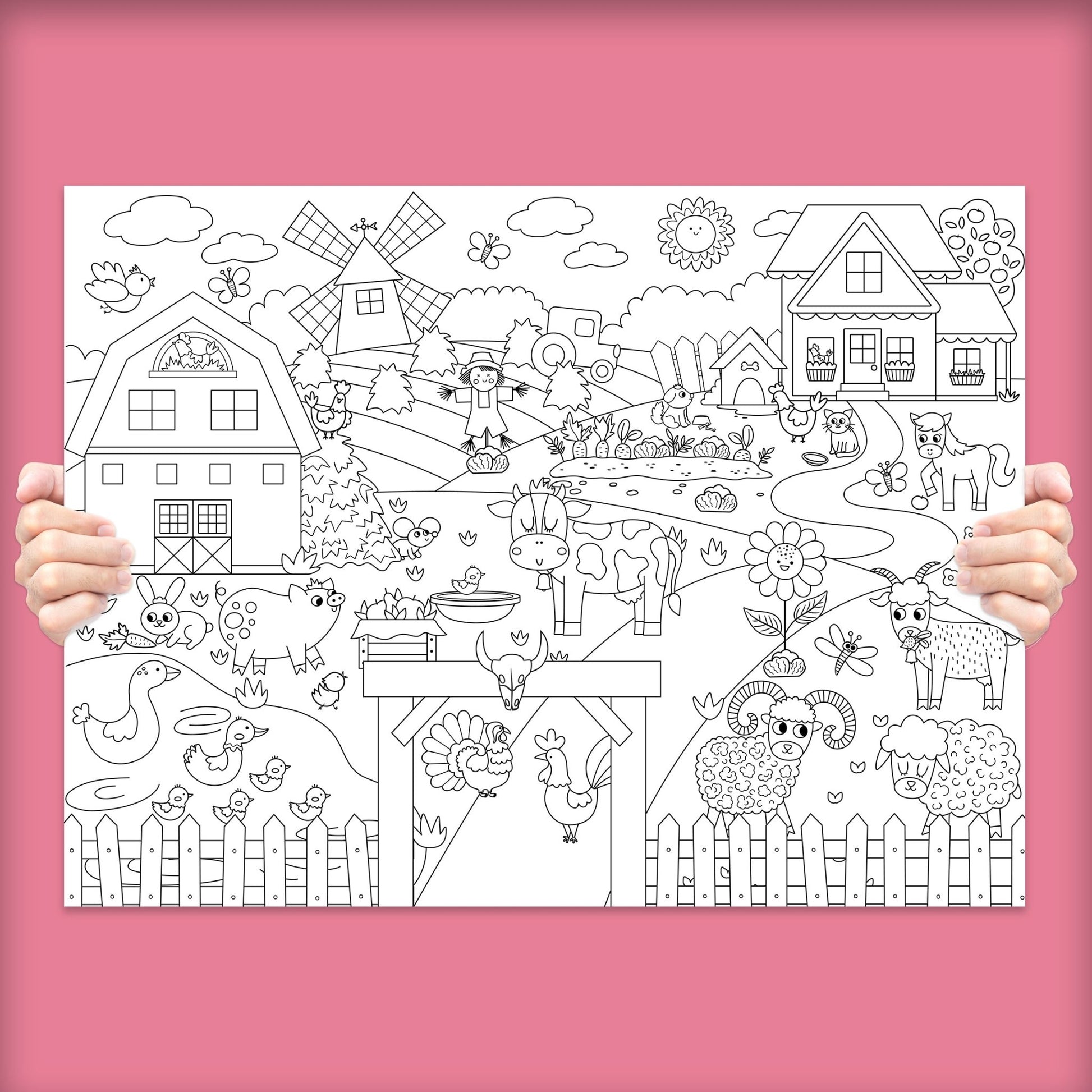 Happy Farm Animals Kids Coloring Poster | 24" x 18" - mimoody.com