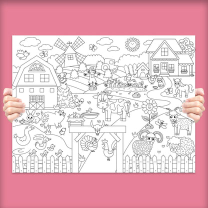 Happy Farm Animals Kids Coloring Poster | 24" x 18" - mimoody.com