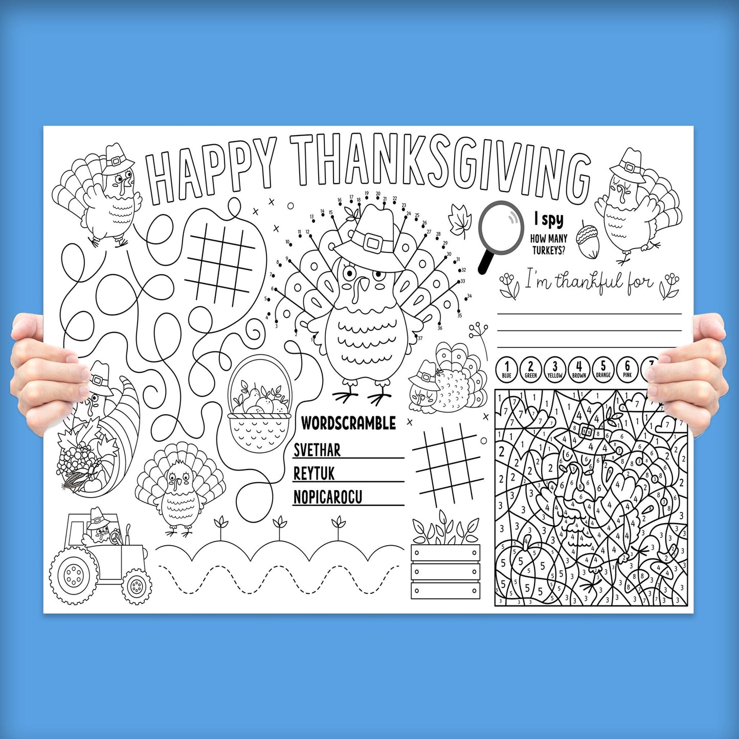 Turkey Time Kids Learning Coloring & Activity Poster | 24" x 18" - mimoody.com