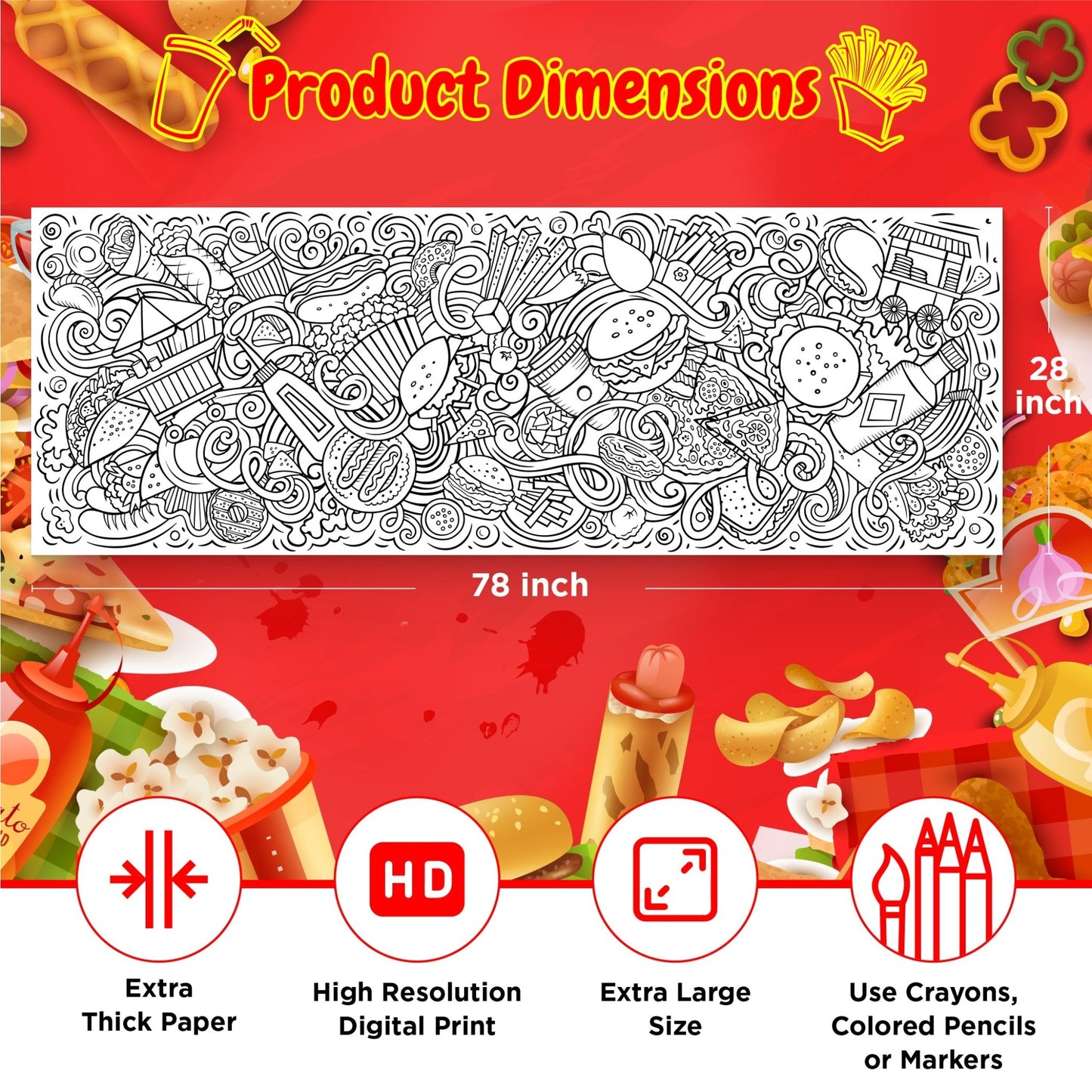 Giant Coloring Poster - Junk Food Doodle | 28" x 78" - mimoody.com
