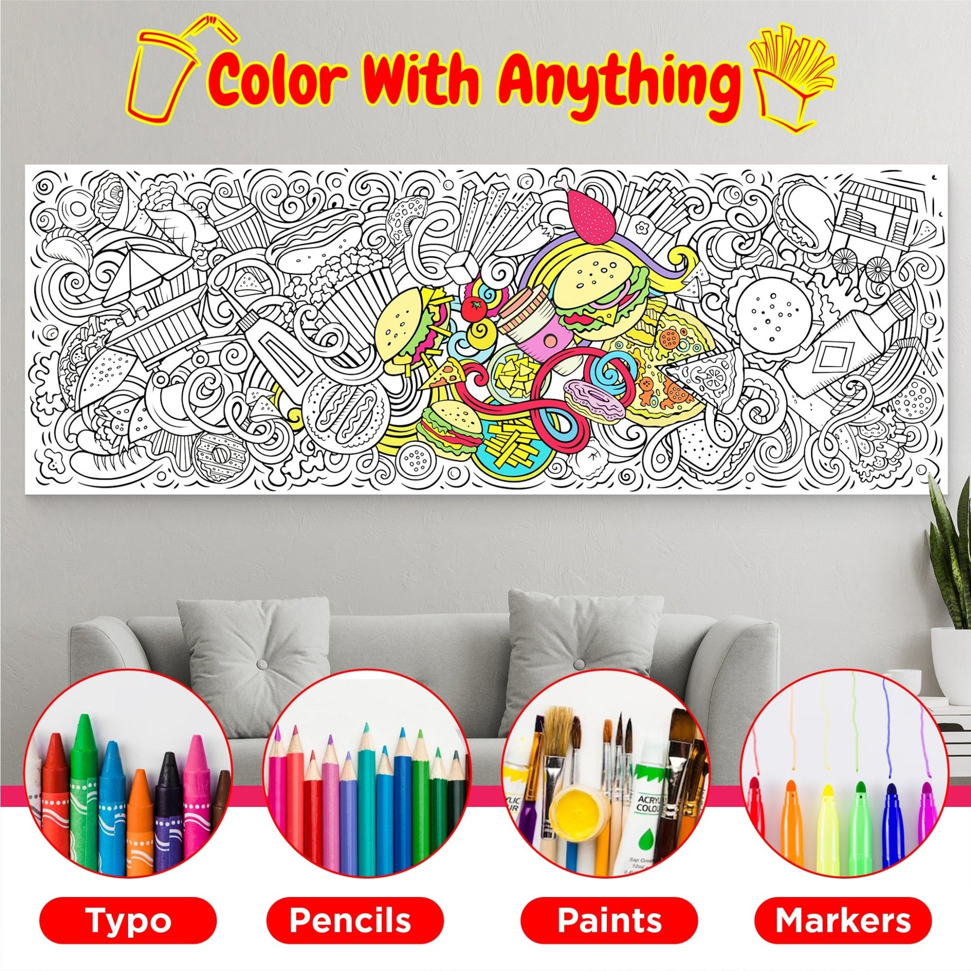 Giant Coloring Poster - Junk Food Doodle | 28" x 78" - mimoody.com